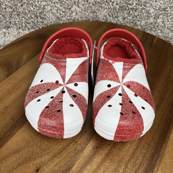 Crocs Kids Christmas/Holiday Size 13 Peppermint Glitter Classic Lined Red White - Picture 4 of 11